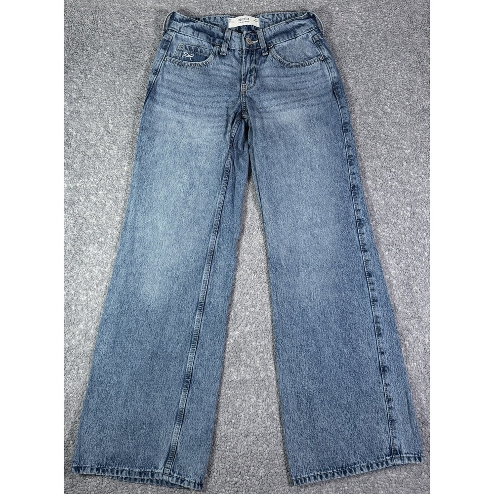 Hollister Low Rise Baggy Jeans 00R W24 Ribbon Embroidered Wide Leg Blue Denim